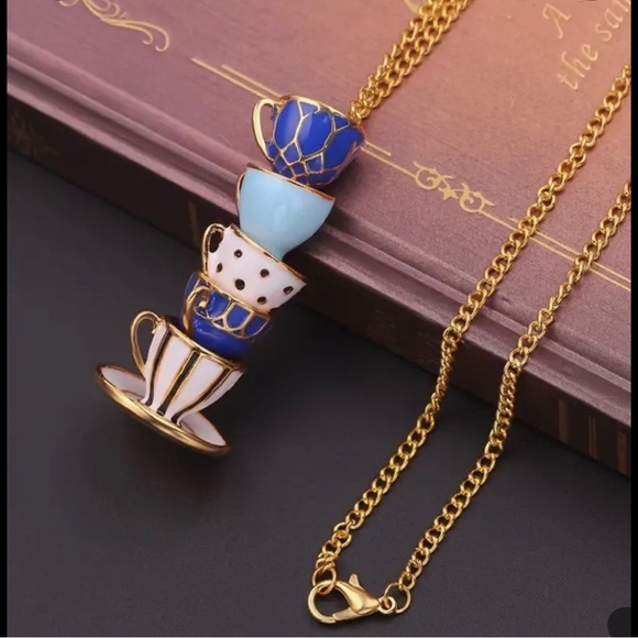 Stacked Tea Cups Necklace 20” Chain Gold & Blue Pattern Fashion Jewelry … - Picture 1 of 6